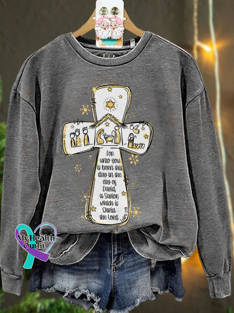 Jesus Christmas Cross Nativity Scene Oh Holy Night Casual Sweatshirt Grey / S