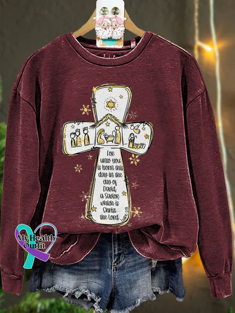 Jesus Christmas Cross Nativity Scene Oh Holy Night Casual Sweatshirt Maroon / S