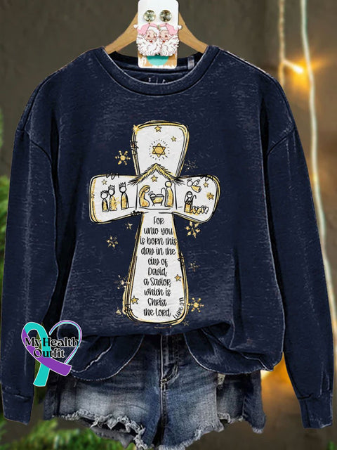 Jesus Christmas Cross Nativity Scene Oh Holy Night Casual Sweatshirt Navyblue / S