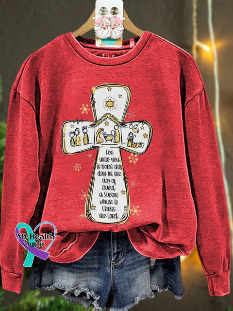 Jesus Christmas Cross Nativity Scene Oh Holy Night Casual Sweatshirt Red / S