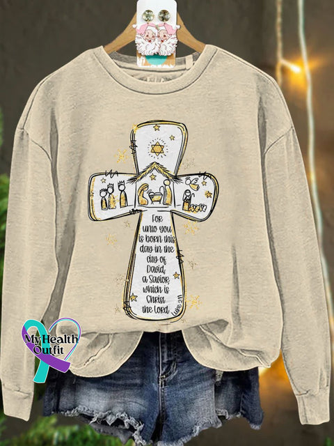 Jesus Christmas Cross Nativity Scene Oh Holy Night Casual Sweatshirt Sand / S