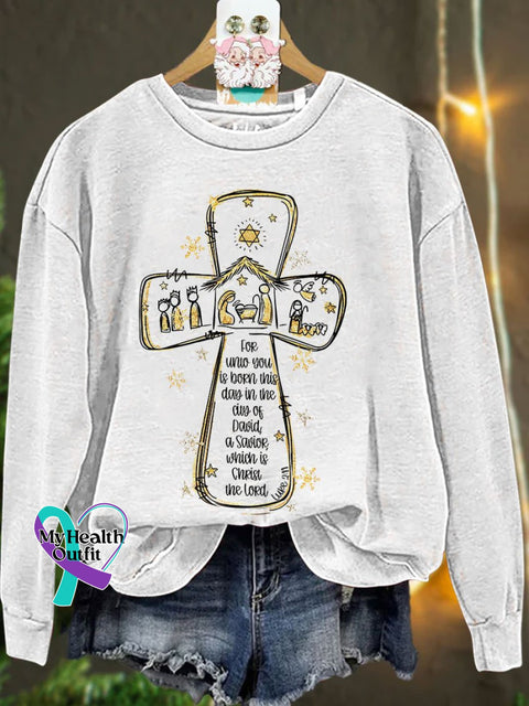 Jesus Christmas Cross Nativity Scene Oh Holy Night Casual Sweatshirt White / S