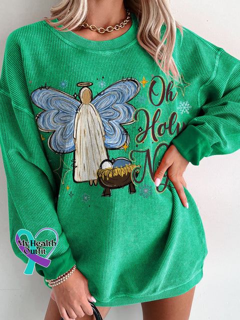 Jesus Christmas Oh Holy Night Women’s Casual Print Corduroy Sweatshirt Green / S