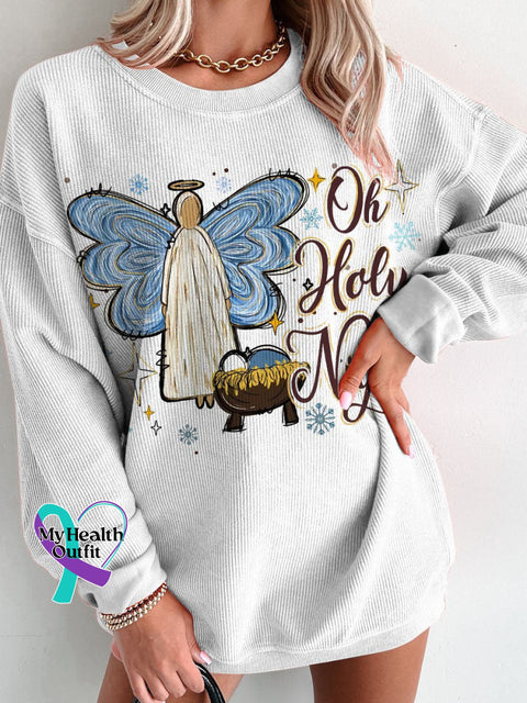 Jesus Christmas Oh Holy Night Women’s Casual Print Corduroy Sweatshirt White / S