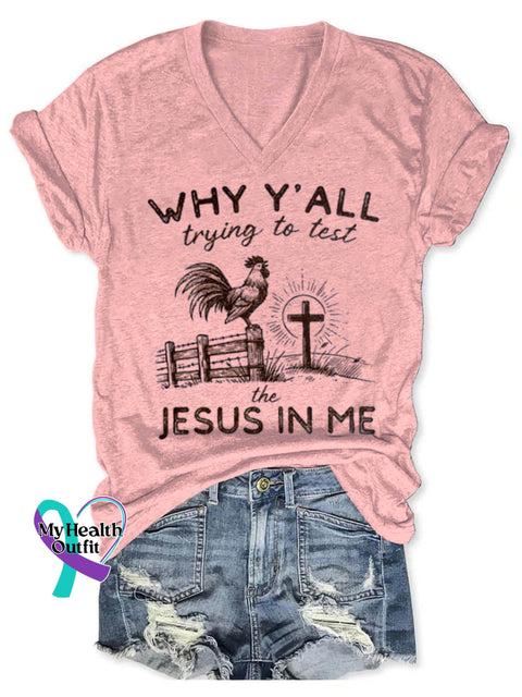 Jesus In Me Art Print V-neck Casual T-Shirt Pink / S