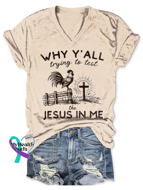 Jesus In Me Art Print V-neck Casual T-Shirt Sand / S