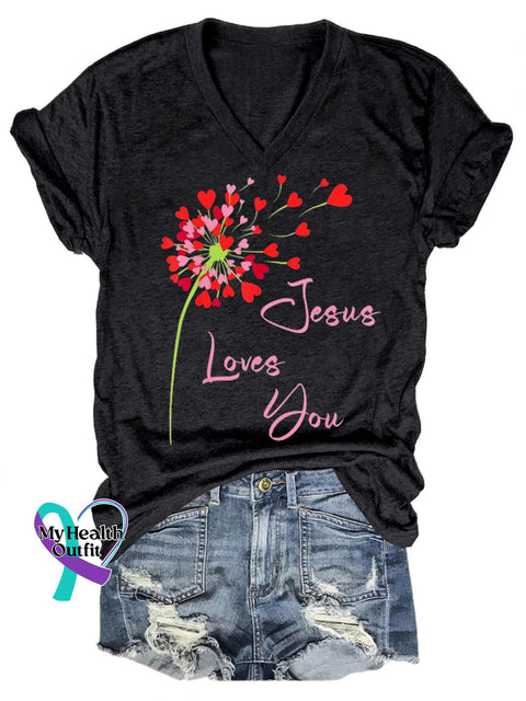 Jesus Loves You Printed Casual V-Neck Short Sleeve T-Shirt Black / S