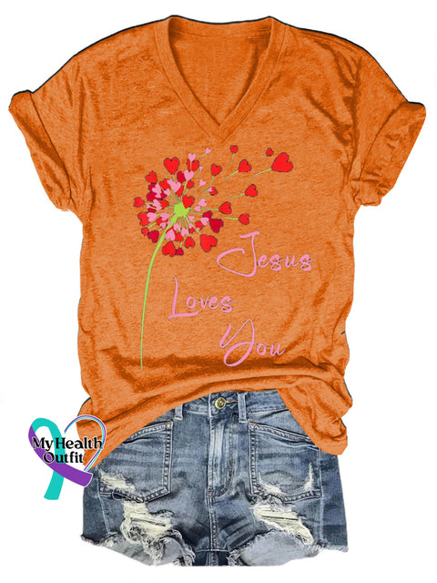 Jesus Loves You Printed Casual V-Neck Short Sleeve T-Shirt Orange / S