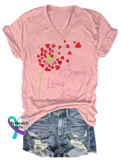 Jesus Loves You Printed Casual V-Neck Short Sleeve T-Shirt Pink / S