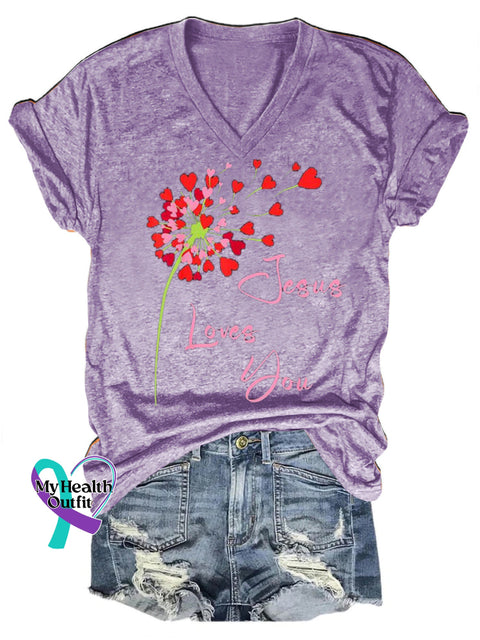 Jesus Loves You Printed Casual V-Neck Short Sleeve T-Shirt Purple / S