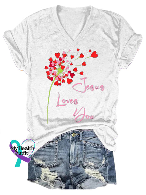 Jesus Loves You Printed Casual V-Neck Short Sleeve T-Shirt WHite / S