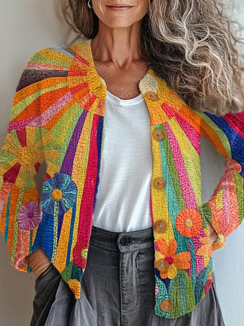 Retro Hippie Art Print Buttoned Cardigan Sweater