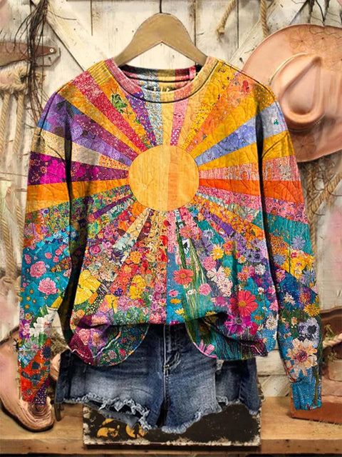 Lovely Sun Floral Patchwork Art Print Casual Sweatshirt