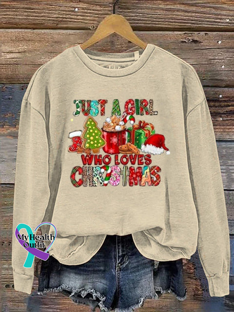 Just A Girl Who Loves Christmas Print Casual Sweatshirt Apricot / S