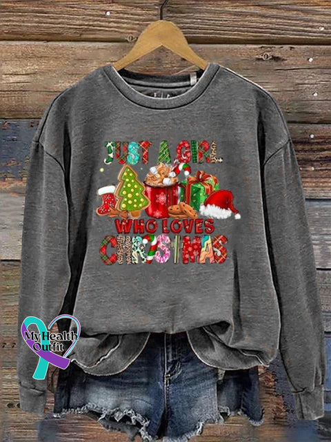 Just A Girl Who Loves Christmas Print Casual Sweatshirt Grey / S
