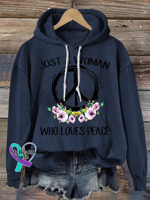 Just a Women Who Loves Peace Hooded Long-Sleeved Casual Sweatshirt NavyBlue / S