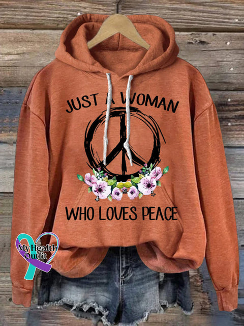 Just a Women Who Loves Peace Hooded Long-Sleeved Casual Sweatshirt Orange / S
