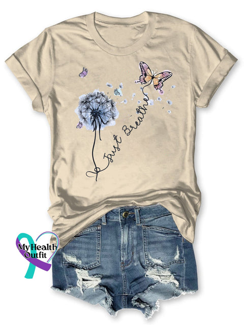 Just Breath Letter Print Causal Short Sleeve T-Shirt Sand / S