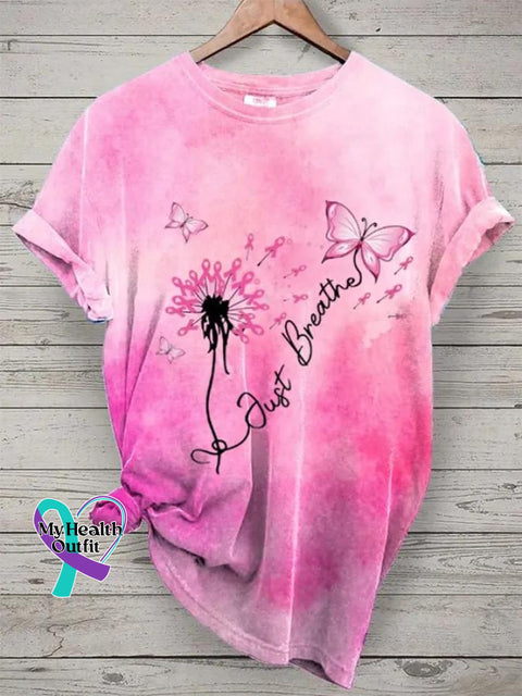 Just Breathe Breast Cancer Awareness Art Print Casual T-Shirt Pink / S