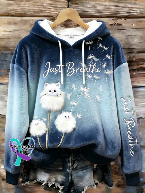 Just Breathe Cat Dandelion Cozy Plush Hoodie Sweatshirt Multicolor / S