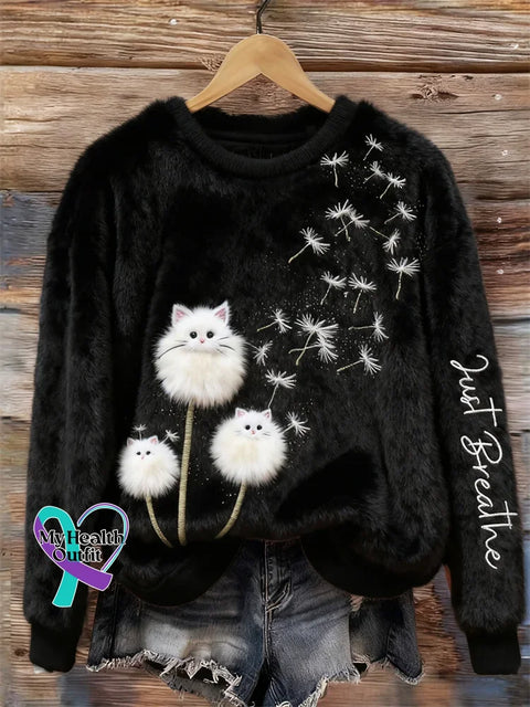 Just Breathe Cat Dandelion Fuzzy Cozy Plush Sweatshirt Multicolor / S