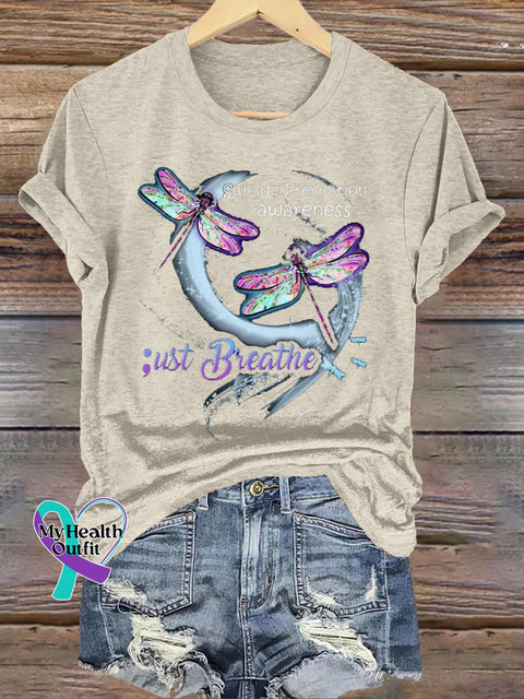 Just Breathe Suicide Prevention Awareness Dragonfly Print Casual Crew Neck Short Sleeve T-Shirt Beige / S