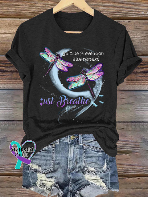 Just Breathe Suicide Prevention Awareness Dragonfly Print Casual Crew Neck Short Sleeve T-Shirt Black / S