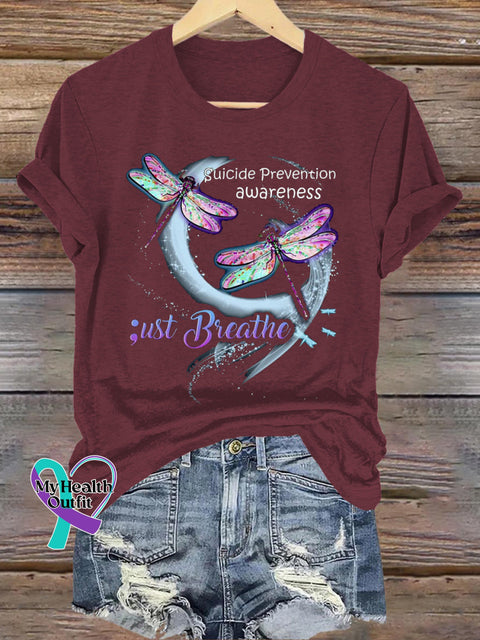 Just Breathe Suicide Prevention Awareness Dragonfly Print Casual Crew Neck Short Sleeve T-Shirt Brown / S