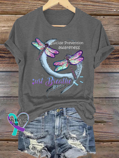 Just Breathe Suicide Prevention Awareness Dragonfly Print Casual Crew Neck Short Sleeve T-Shirt Grey / S