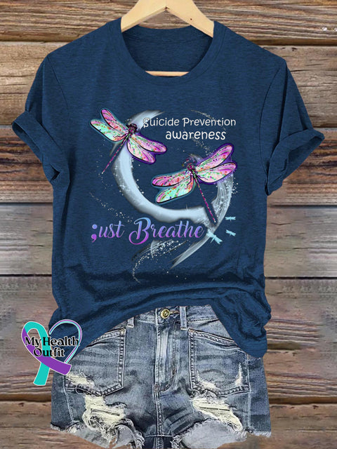 Just Breathe Suicide Prevention Awareness Dragonfly Print Casual Crew Neck Short Sleeve T-Shirt NavyBlue / S