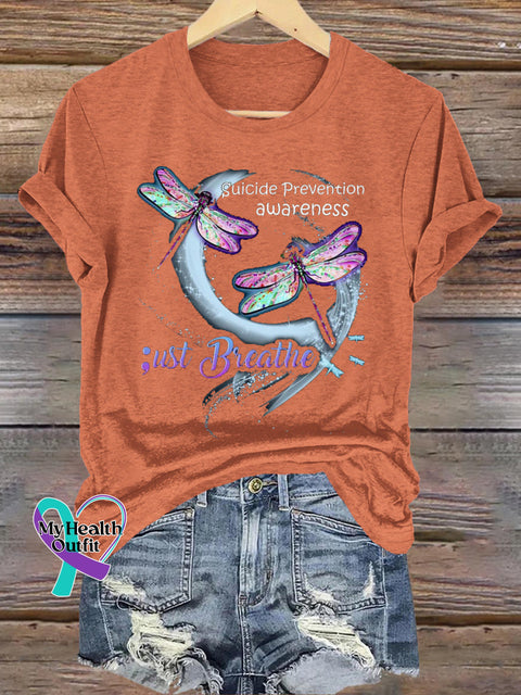 Just Breathe Suicide Prevention Awareness Dragonfly Print Casual Crew Neck Short Sleeve T-Shirt Orange / S