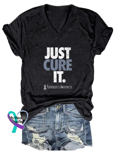 Just Cure It Parkinson’s Awareness Print Casual V-Neck Short Sleeve T-Shirt Black / S