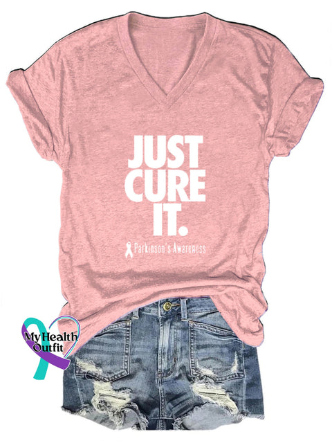 Just Cure It Parkinson’s Awareness Print Casual V-Neck Short Sleeve T-Shirt Pink / S