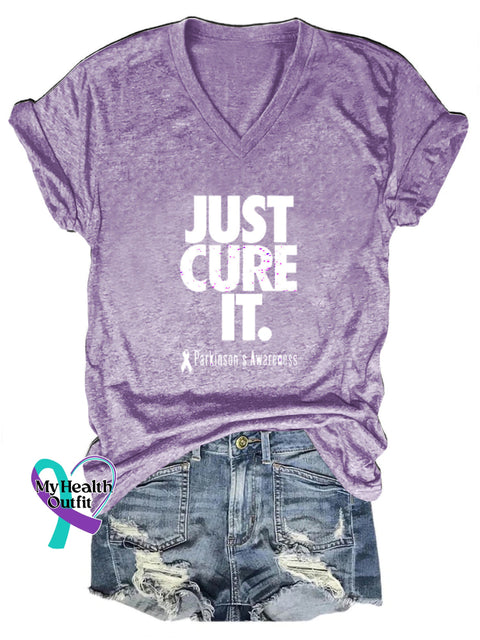 Just Cure It Parkinson’s Awareness Print Casual V-Neck Short Sleeve T-Shirt Purple / S