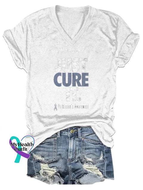 Just Cure It Parkinson’s Awareness Print Casual V-Neck Short Sleeve T-Shirt White / S