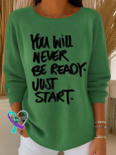Just Start Art Print Casual Pullover Sweater Green / S