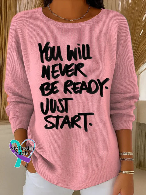 Just Start Art Print Casual Pullover Sweater Pink / S
