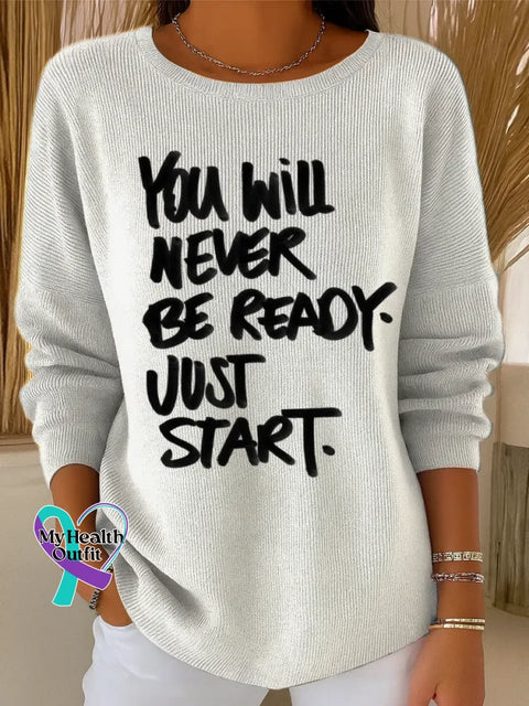 Just Start Art Print Casual Pullover Sweater White / S