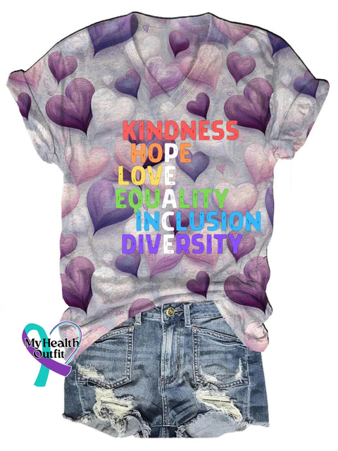 Kindness Hope Love Equality Inclusion Diversity Print Casual V-Neck Short Sleeve Multicolor / S