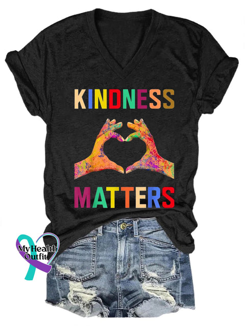 Kindness Matters Printed Casual V-Neck Short Sleeve T-Shirt Black / S