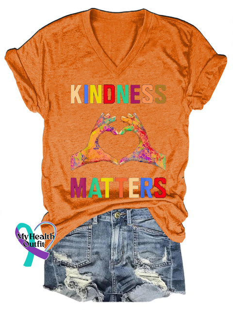 Kindness Matters Printed Casual V-Neck Short Sleeve T-Shirt Orange / S
