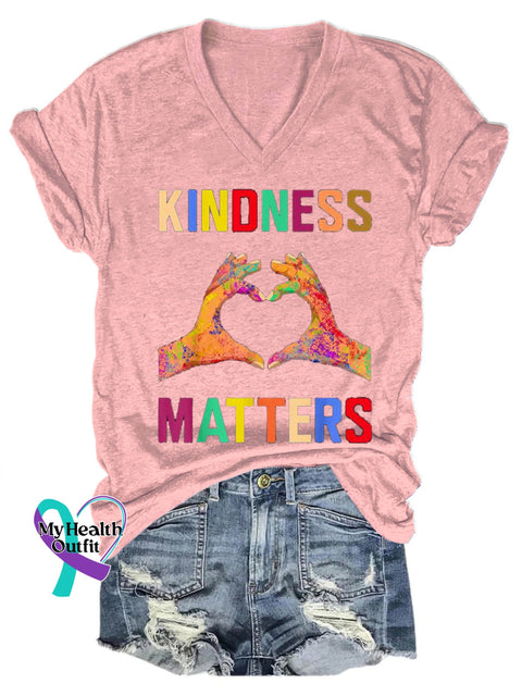 Kindness Matters Printed Casual V-Neck Short Sleeve T-Shirt Pink / S