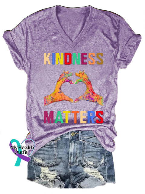 Kindness Matters Printed Casual V-Neck Short Sleeve T-Shirt Purple / S