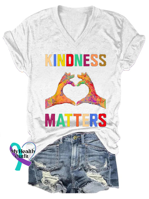 Kindness Matters Printed Casual V-Neck Short Sleeve T-Shirt WHite / S