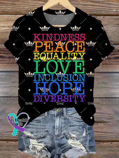 Kindness Peace Love Hope Rainbow Text Print Casual Round Neck Short Sleeve T-Shirt Multicolor / S