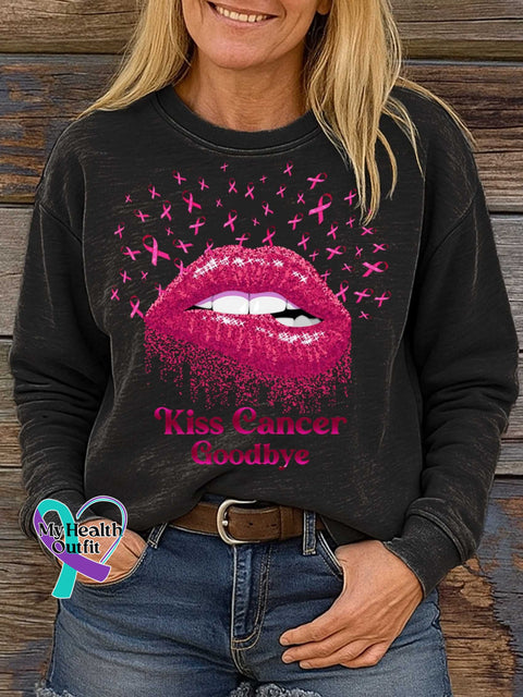 Kiss Cancer Goodbye Breast Cancer Awareness Print Casual Sweatshirt Black / S