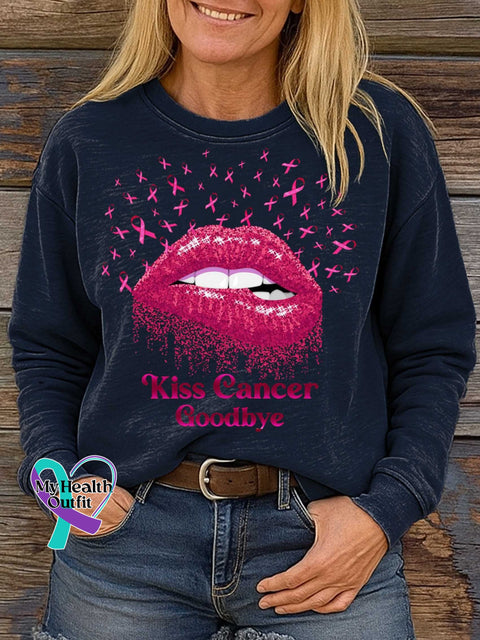 Kiss Cancer Goodbye Breast Cancer Awareness Print Casual Sweatshirt Blue / S