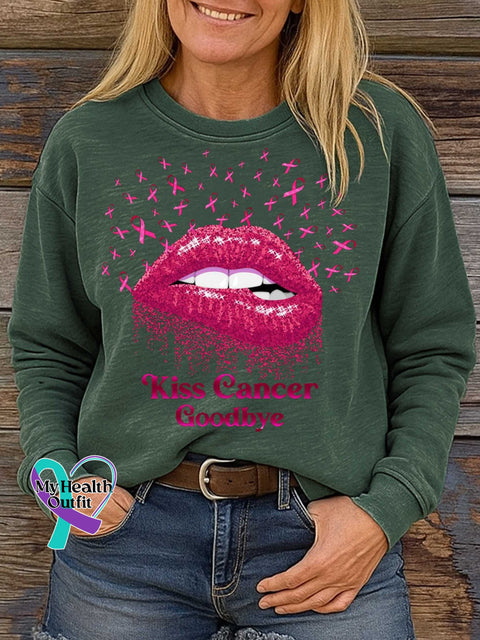 Kiss Cancer Goodbye Breast Cancer Awareness Print Casual Sweatshirt Green / S