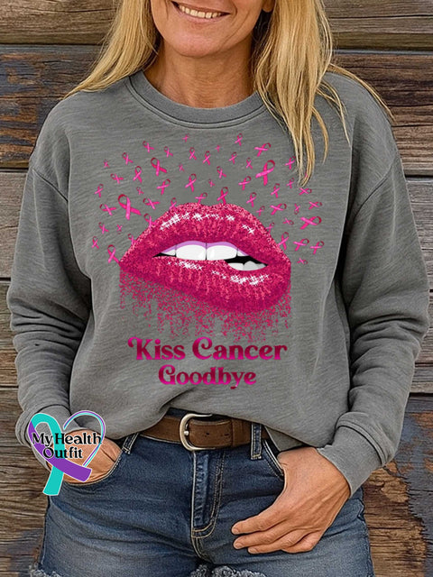Kiss Cancer Goodbye Breast Cancer Awareness Print Casual Sweatshirt Grey / S