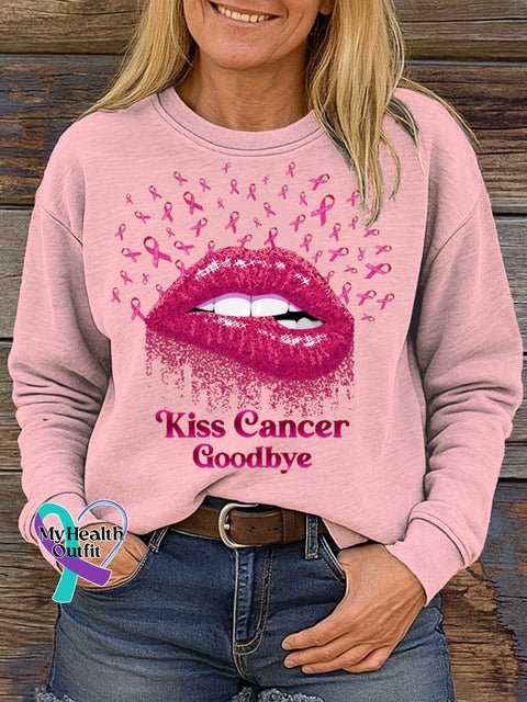 Kiss Cancer Goodbye Breast Cancer Awareness Print Casual Sweatshirt LightPink / S